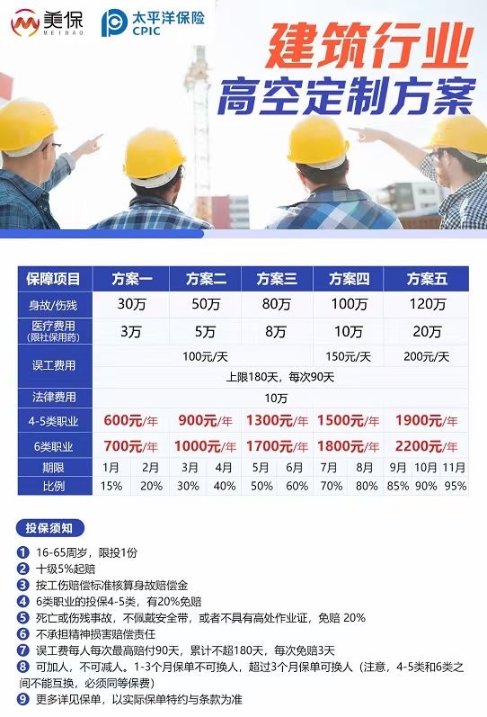 太平洋高空雇主险，建筑行业定制方案，需要可咨询180388917...