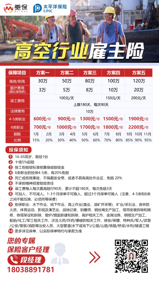 建筑行业高空保险 18038891781